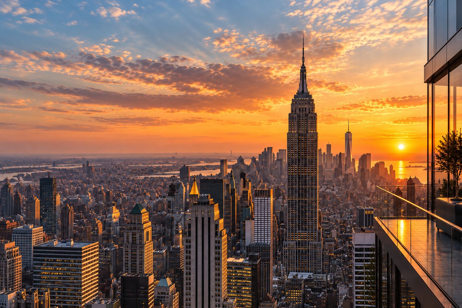 Skyline de Manhattan con el Empire State Building al atardecer, visto desde una terraza en altura